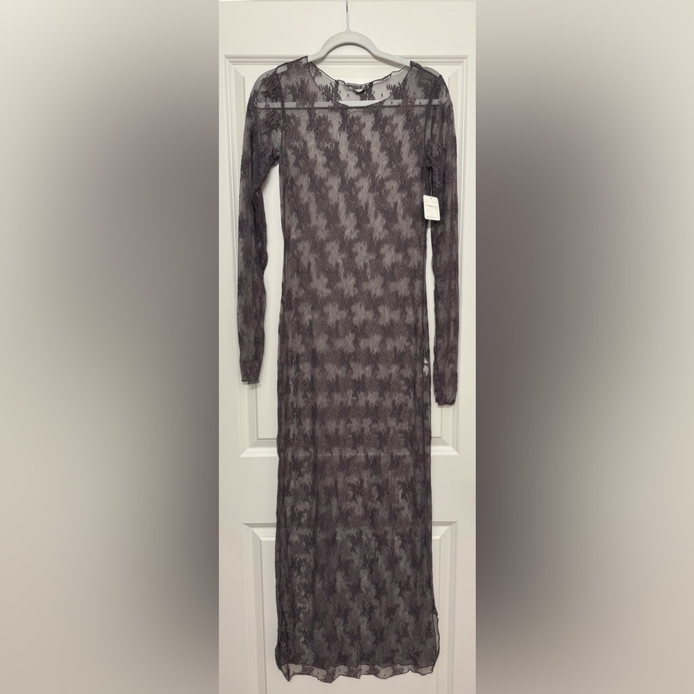 NWT Free People Dark Gull Grey Sheer Star Lace Maxi Dress Medium - Picture 5 of 12